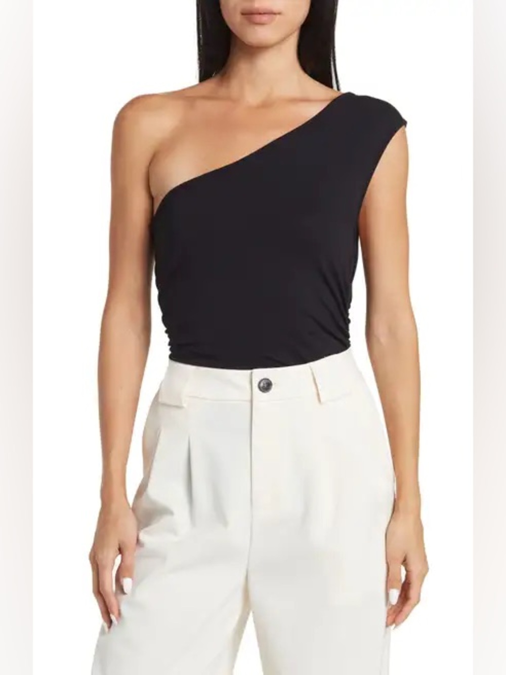 BCBGMAXAZRIA One-Shoulder Black Ruched Knit Top